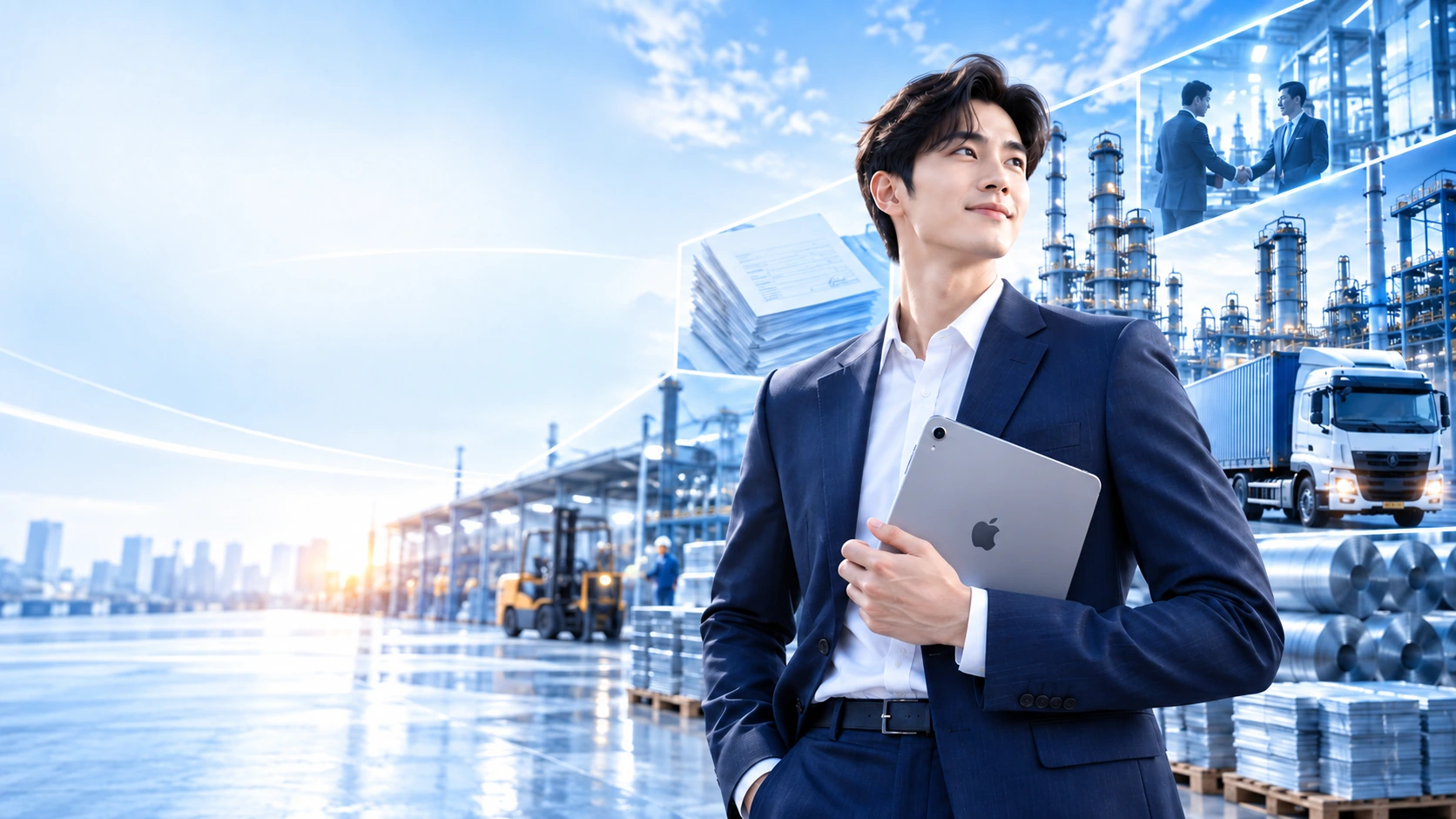 นักธุรกิจหนุ่มชุดสูทถือ iPad สีเงิน ท่ามกลางโรงงาน รถบรรทุก ม้วนเหล็ก และภาพการจับมือทางธุรกิจ